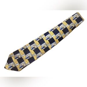 Ermenegildo Zegna Navy and Gold Checkerboard Silk Tie with Motif